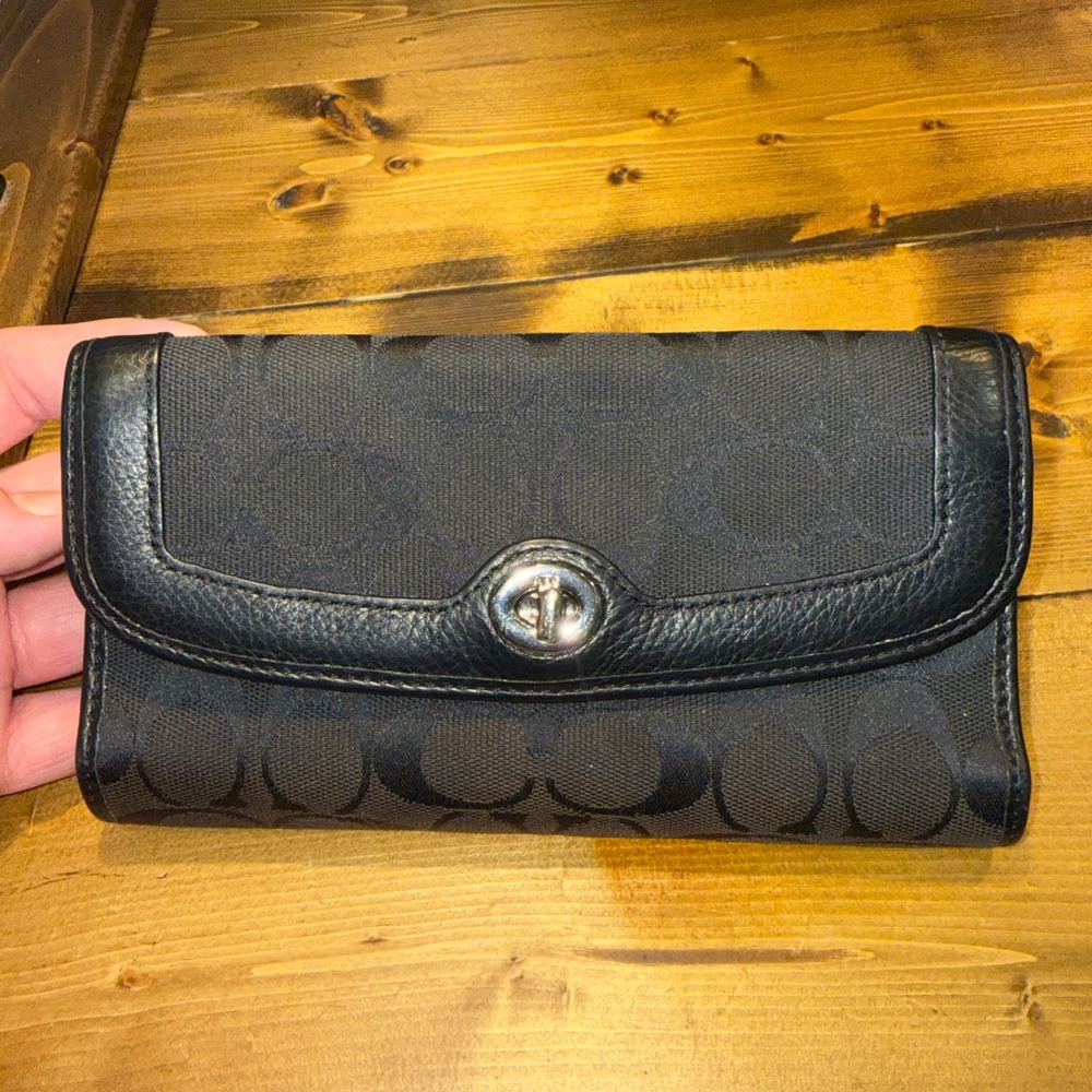 Coach Black Signature Jacquard Canvas Turnlock Tri-Fold Long Wallet Leather Trim